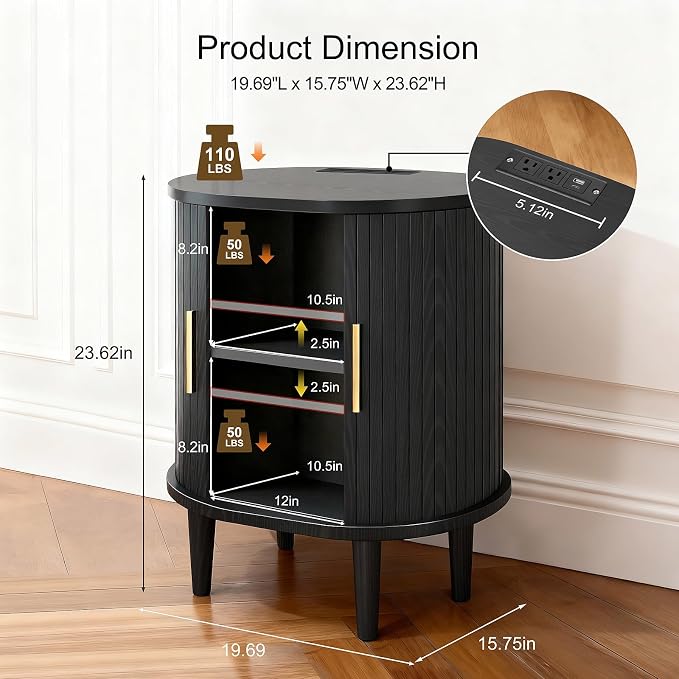 Nightstands Set of 2 & Charging Station, Fluted Accent Side Table - Image 2