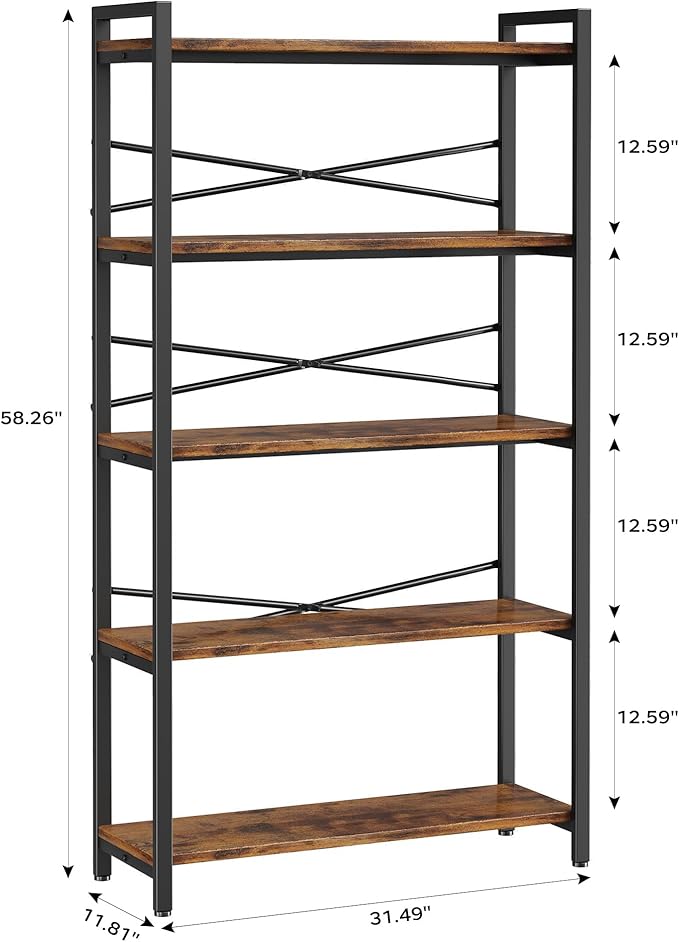 5 Tier Bookshelf 31.49" Width, Book Organizers and Storage, Wood and Metal Tall - Image 3