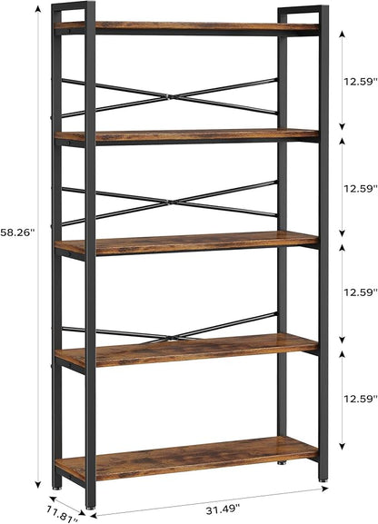 5 Tier Bookshelf 31.49" Width, Book Organizers and Storage, Wood and Metal Tall - Image 3