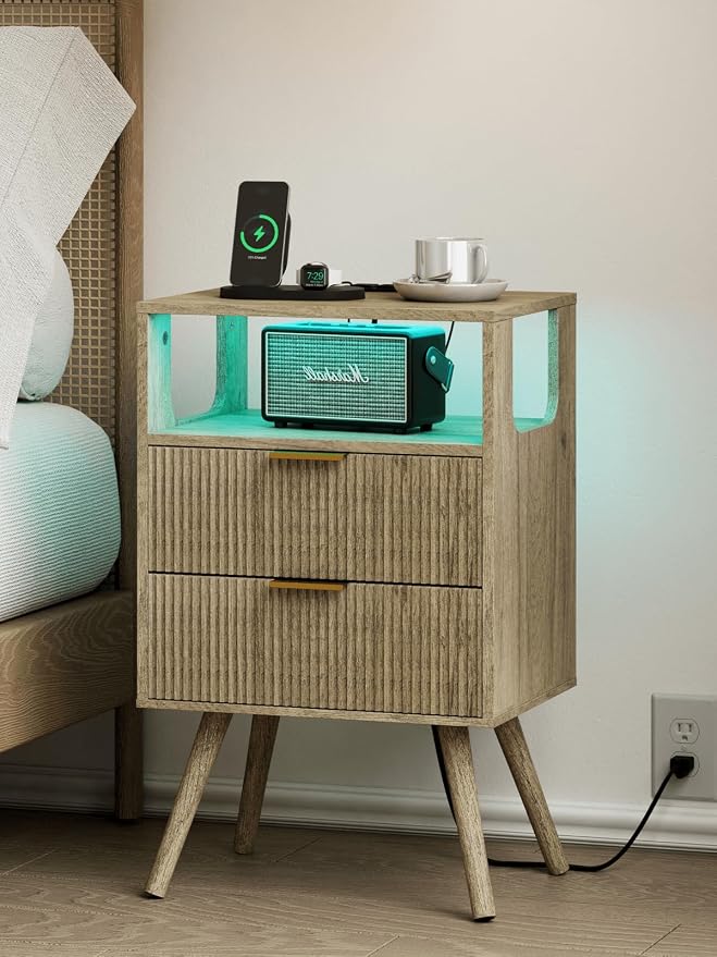 Nightstand with Charging Station and LED Lights, Modern Bedside Table with 2 by Leomonio