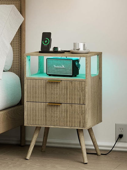 Nightstand with Charging Station and LED Lights, Modern Bedside Table with 2 by Leomonio