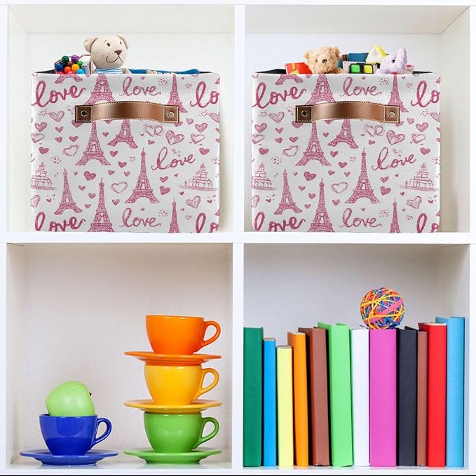 Rectangular Storage Bins Box Pink Paris Eiffel Tower Foldable Shelf Basket - Image 6