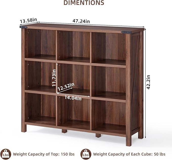 9 Cube Bookcase, Farmhouse 47 Inch Wide Brown Walnut Bookshelf, Wooden 3 Tier - Image 3