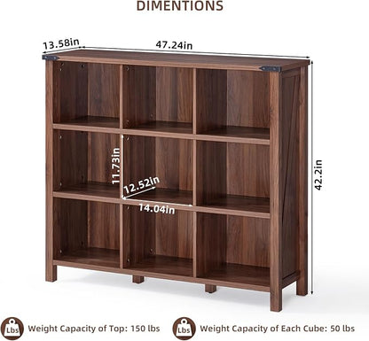 9 Cube Bookcase, Farmhouse 47 Inch Wide Brown Walnut Bookshelf, Wooden 3 Tier - Image 3