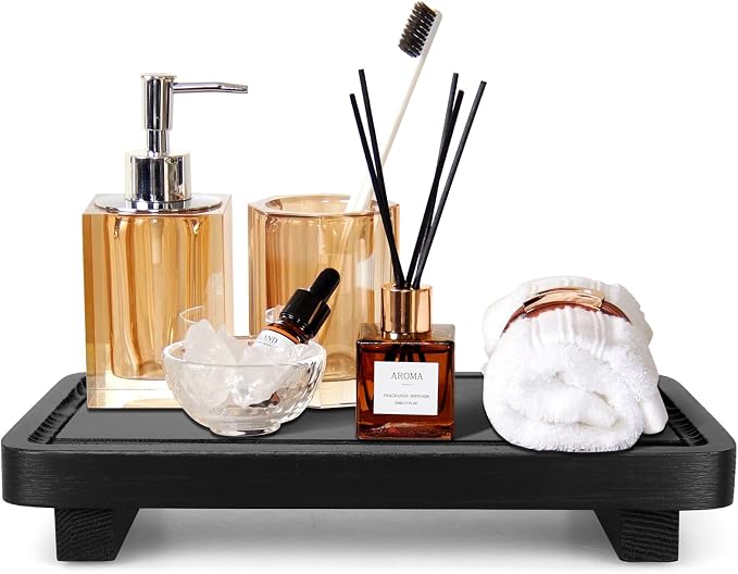 Black Bathroom Counter Organizer Tray Wood Riser Kitchen Countertop Trays - Image 3