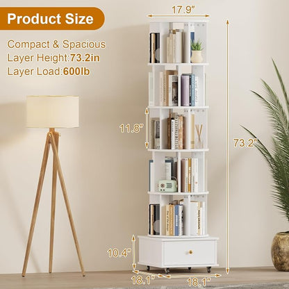 Rotating Bookshelf with Drawers on Lockable Wheels Wood White | 6 Tier Spinning - Image 2