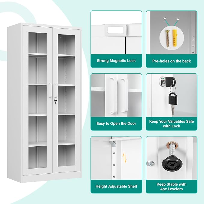 Metal Storage Cabinet with Lock and Glass Doors, Glass Display Cabinet - Image 5