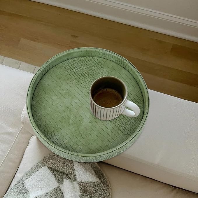HofferRuffer Faux Leather Round Serving Tray, Vegan Croco Leather Decorative - Image 4