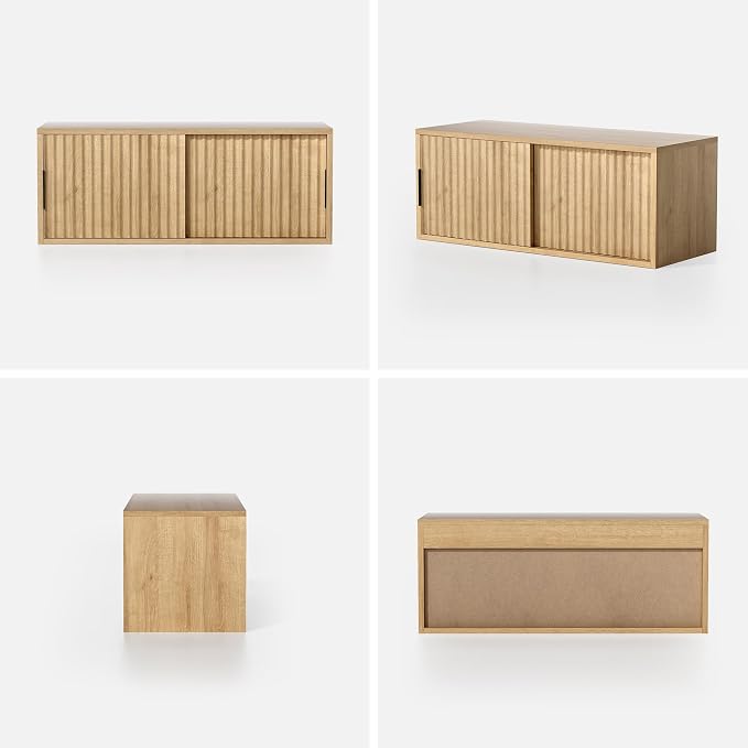 Fluted Wall Cabinet with Sliding Doors, Modern Large Floating Nightstand - Image 8
