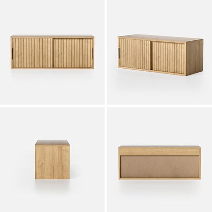 Fluted Wall Cabinet with Sliding Doors, Modern Large Floating Nightstand - Image 8