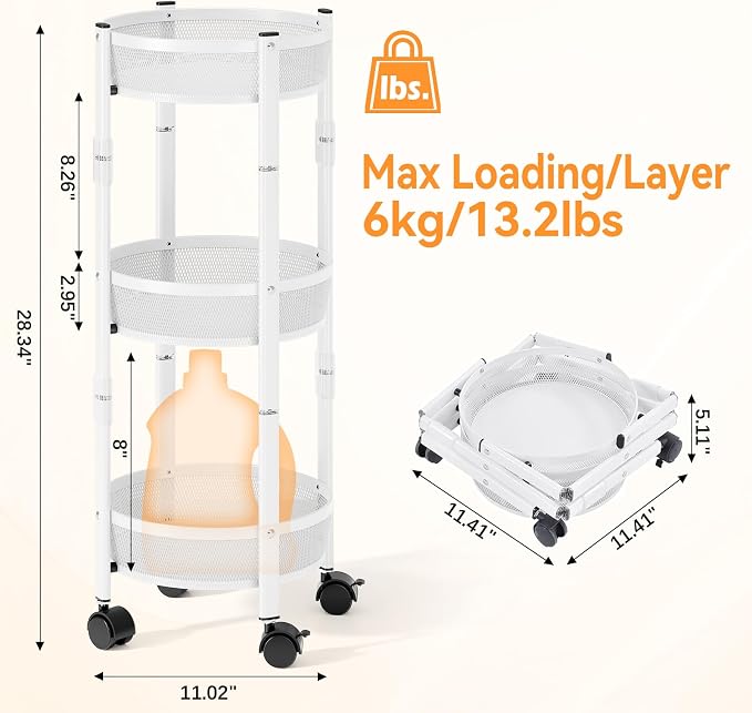 TOOLF 3 Tier Foldable Rolling Cart, Metal Utility Storage Cart, Lockable Wheels - Image 3
