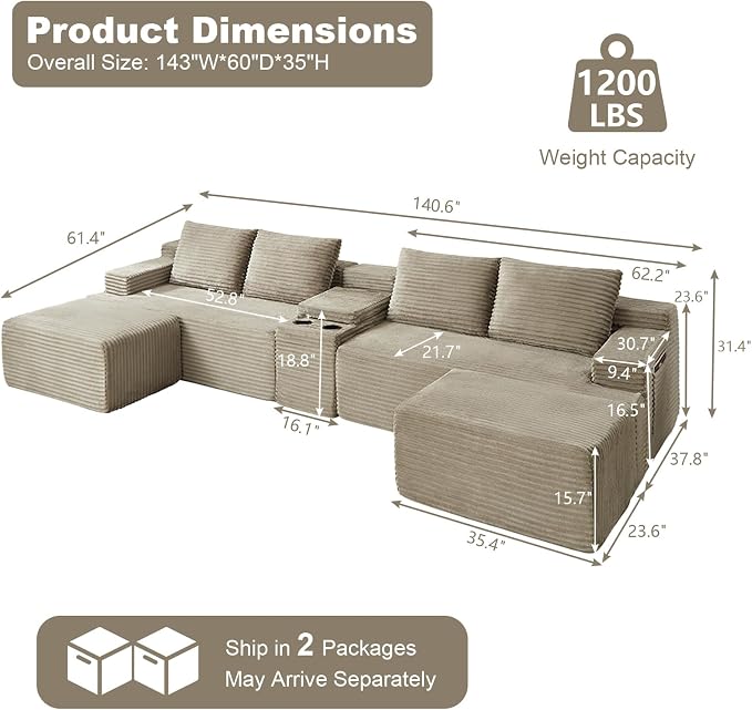 GNIXUU 140.6" Oversized U Shaped Boneless Sectional Couches - Image 2