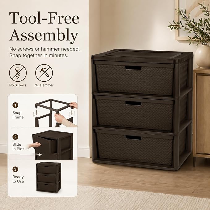 Wide 3-Drawer Plastic Storage Tower, Cross-Weave Floor Cabinet, tool-free - Image 4