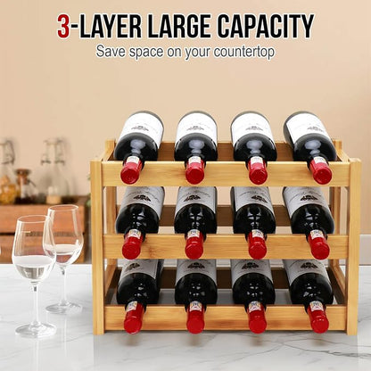 Bamboo Wine Rack, 3-Tier 12 Bottles Wine Storage Cabinet Shelf, Easy-Assembly - Image 5