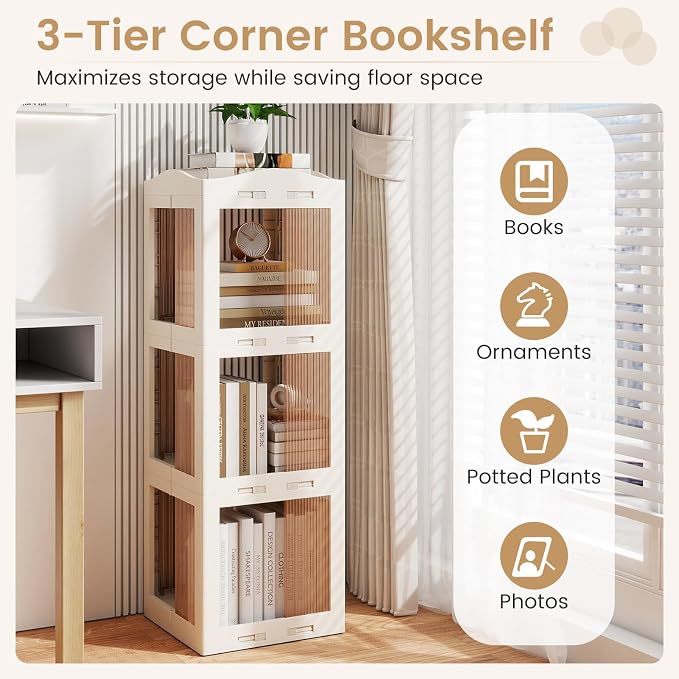 Giantex Foldable Rotating Bookshelf, 3-Tier Spinning Bookcase w/Swivel Base - Image 6