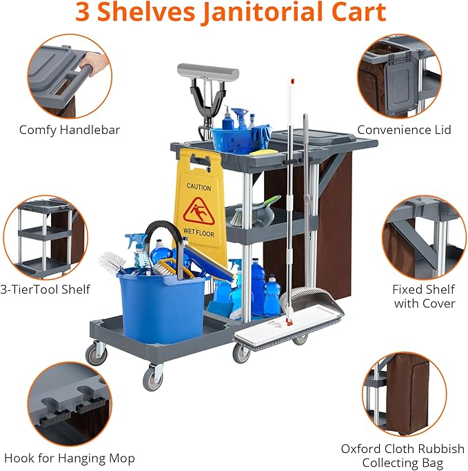 Commercial Janitorial Cart, 3-Shelf Housekeeping Cleaning Cart - Image 3