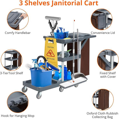 Commercial Janitorial Cart, 3-Shelf Housekeeping Cleaning Cart - Image 3