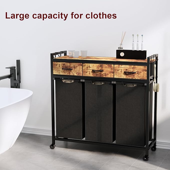 Laundry Hamper, Laundry Sorter 3 Section, Rolling Laundry Basket - Image 8
