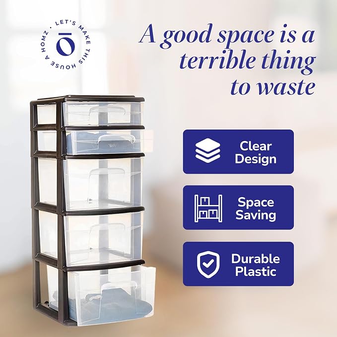 Homz Plastic 5 Clear Drawer Medium Home Organization Storage Container Tower - Image 5