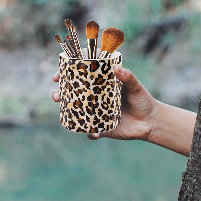 Jwest Pen Holder, Makeup Brush Holder Ceramic Shiny Gold Leopard Cheetah - Image 8