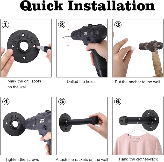 BTSKY 6 Pack Clothes Rack with Screws, 6 Inch Metal Industrial Pipe Clothes Bars - Image 7