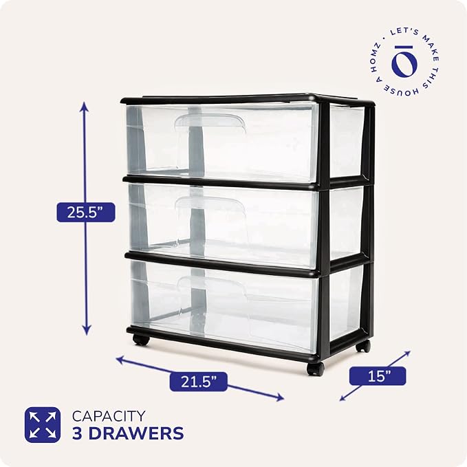 HOMZ Plastic 3 Drawer Wide Cart, 4 Casters included, Home Office, and Dorm Rooms - Image 2