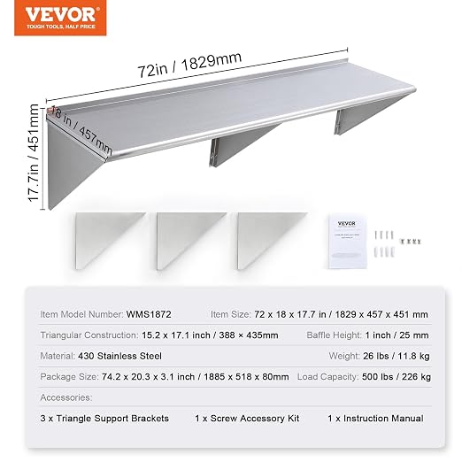 VEVOR 18" x 72" Stainless Steel Shelf, Wall Mounted Floating Shelving - Image 3