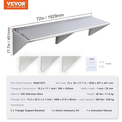 VEVOR 18" x 72" Stainless Steel Shelf, Wall Mounted Floating Shelving - Image 3