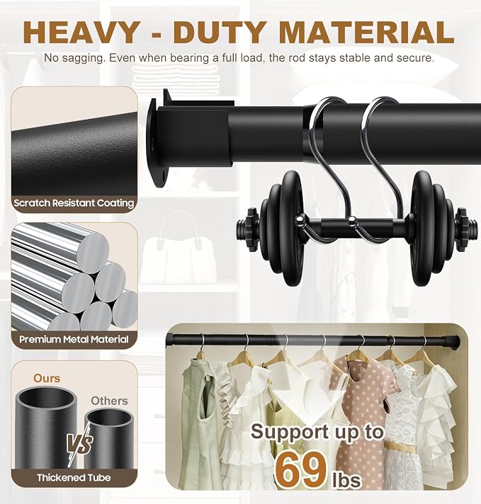 Closet Rods for Hanging Clothes, 16.5 to 74 Inches Adjustable Metal Closet Rod - Image 2