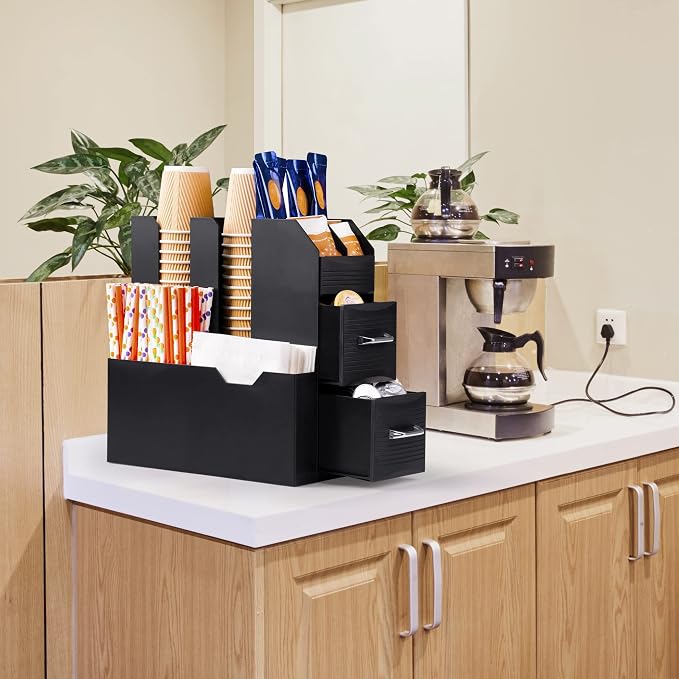 SZQINJI Coffee Condiment Organizer 11-Compartment Countertop 2-Drawer Black | - Image 7