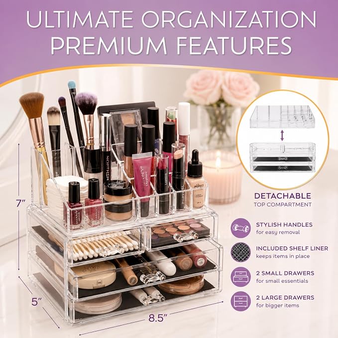 Brookstone Makeup Organizer Countertop, Cosmetic Display Case, Acrylic Makeup - Image 5