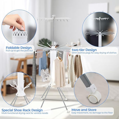Dollate 3 Tier Portable Clothes Drying Rackwith 4 Pulleys, Indoor and Outdoor - Image 2