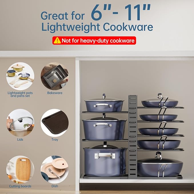 ORDORA Pots and Pans Organizer Under Cabinet 14.55" Height, Adjustable 8-Tier - Image 8