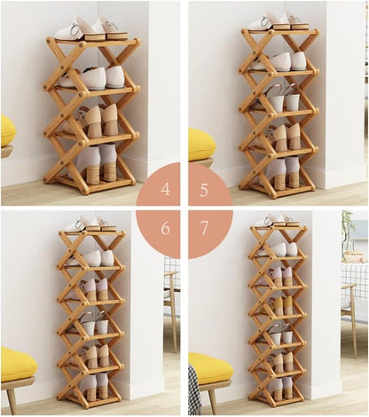 7 Tier Foldable Shoe Rack, Bamboo Vertical Shoe Organizer Tall - Image 6