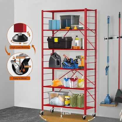 Himix 6-Tier Expandable Storage Shelves Wheels Foldable Rack Red No Assembly - Image 8