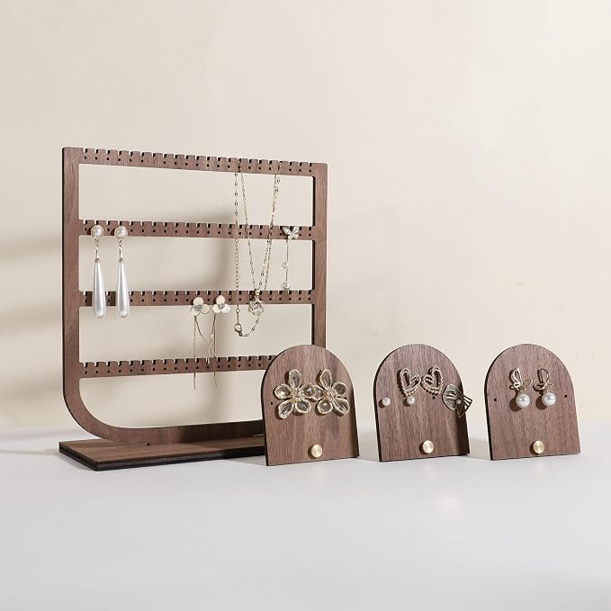 GemeShou 3pcs wooden jewelry earring organizer holder, walnut earring studs - Image 5