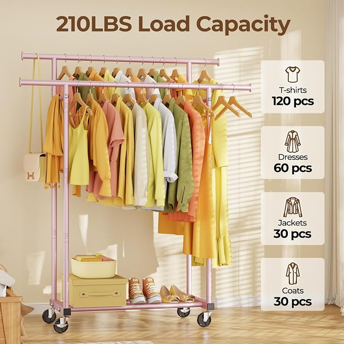 HYSEYY Double Rods Clothes Rack, Sturdy Rolling Clothing Rack, Portable - Image 2