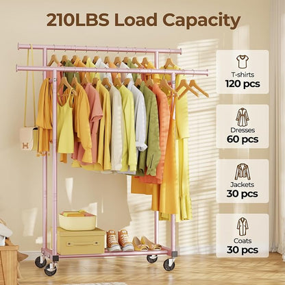 HYSEYY Double Rods Clothes Rack, Sturdy Rolling Clothing Rack, Portable - Image 2
