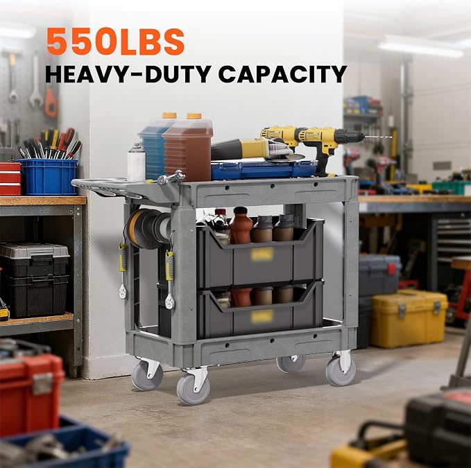 2 Tier Plastic Rolling Utility Cart on Wheels, Heavy Duty Tool Cart - Image 3