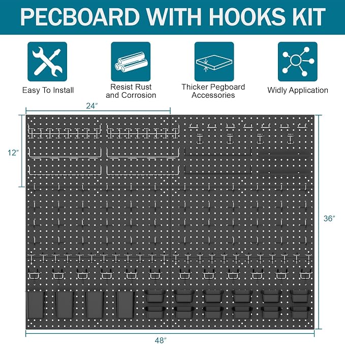Metal Peg Board Kit with 1/4" Pegboard Accessories, 6 Pack 12"X24" Pegboard and - Image 5