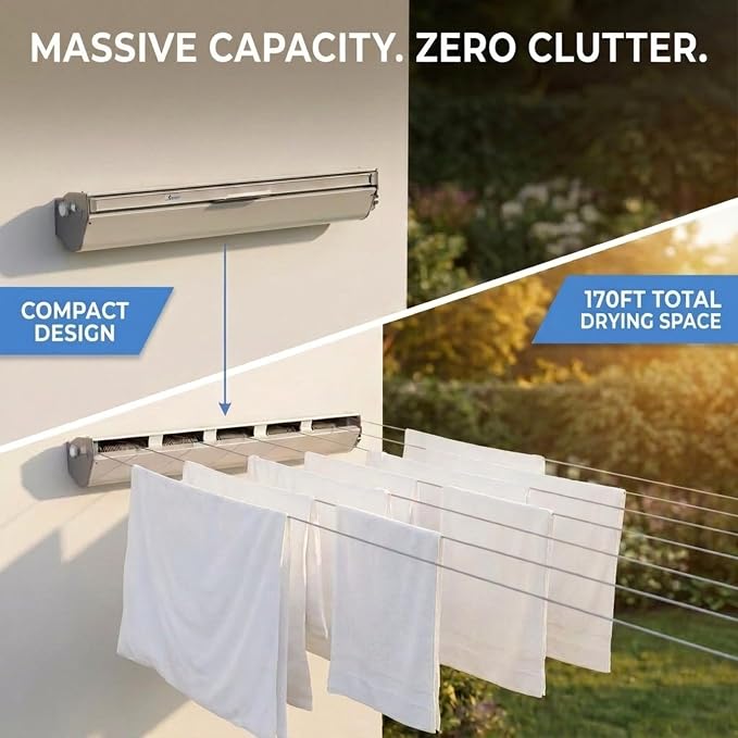Household Essentials Steel and Aluminum 5‑Line Retractable Wall‑Mounted Dryer - Image 2