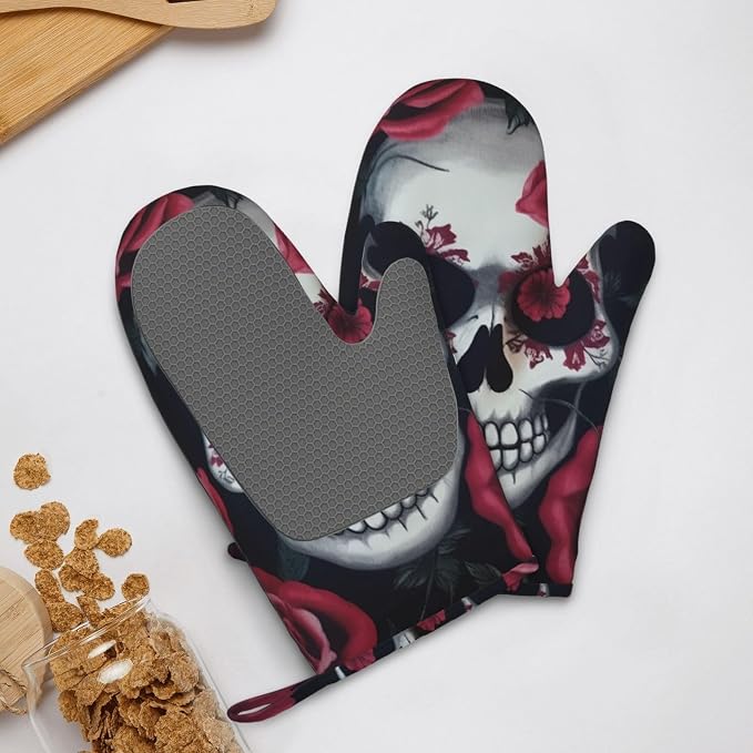 Rose Skull Eyes Print Oven Mitts Set of 2, Heat Resistant Silicone Oven Mittens - Image 9