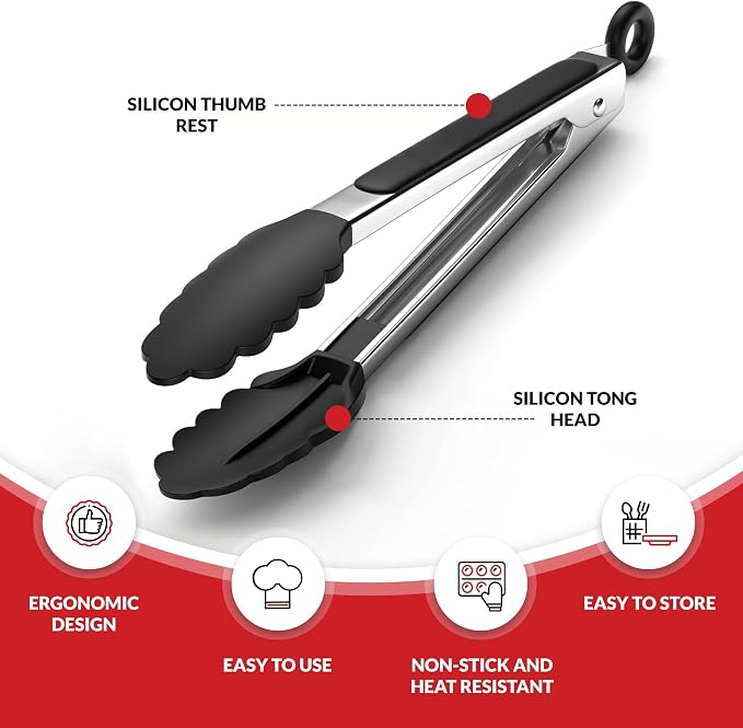 Kitchen Tongs for Cooking with Silicone Tips by Boxiki Kitchen, BPA Free - Image 2