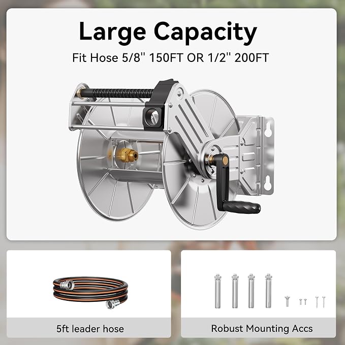 Giraffe Tools Stainless Steel Garden Hose Reel Heavy Duty, Wall/Floor Mounted - Image 2