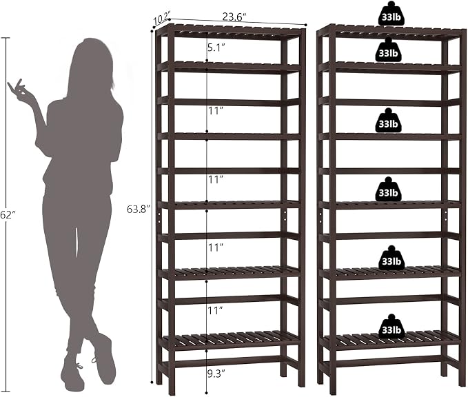 Homykic 6-Tier Bamboo Bookshelves and Bookcases, Adjustable 63.4”Tall Shallow - Image 3