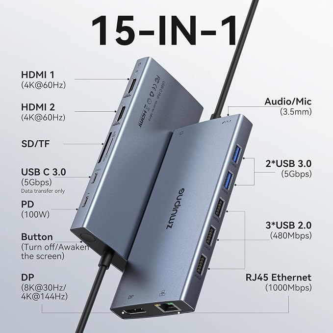 USB C Docking Station Dual Monitor Laptop Docking Station, 15 in 1 Docking - Image 2