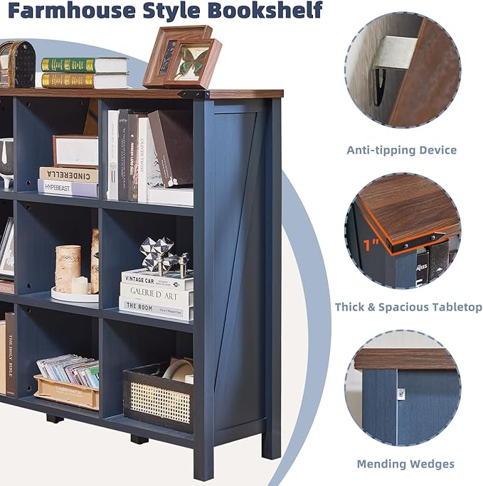 9 Cube Bookcase, Farmhouse 47 Inch Wide Navy Blue Bookshelf, Wooden 3 Tier - Image 4