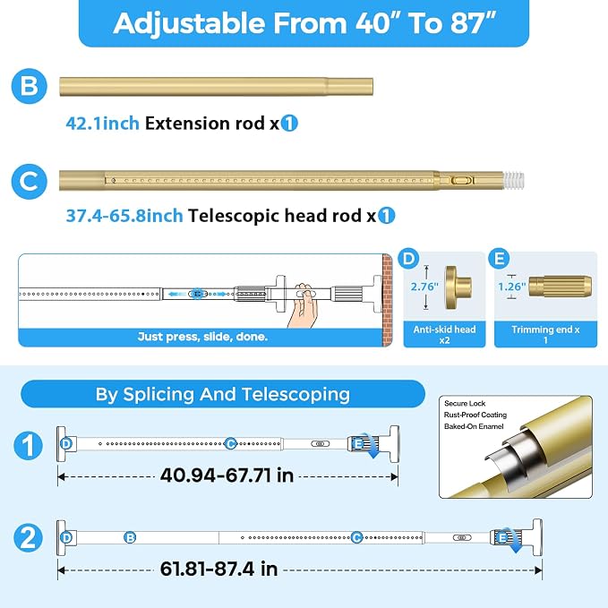 AIZESI 41-86 Inch Heavy Duty Gold Tension Curtain Rod - Image 2