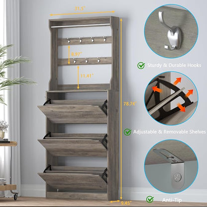 BORNOON Shoe Cabinet with 3 Flip Drawers & Coat Rack, Narrow Hidden Shoe - Image 2