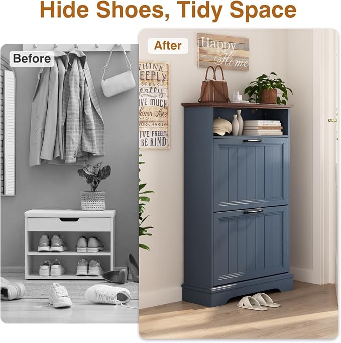 Shoe Storage Cabinet with 2 Flip Drawers, Narrow Slim Shoe Organizer - Image 4